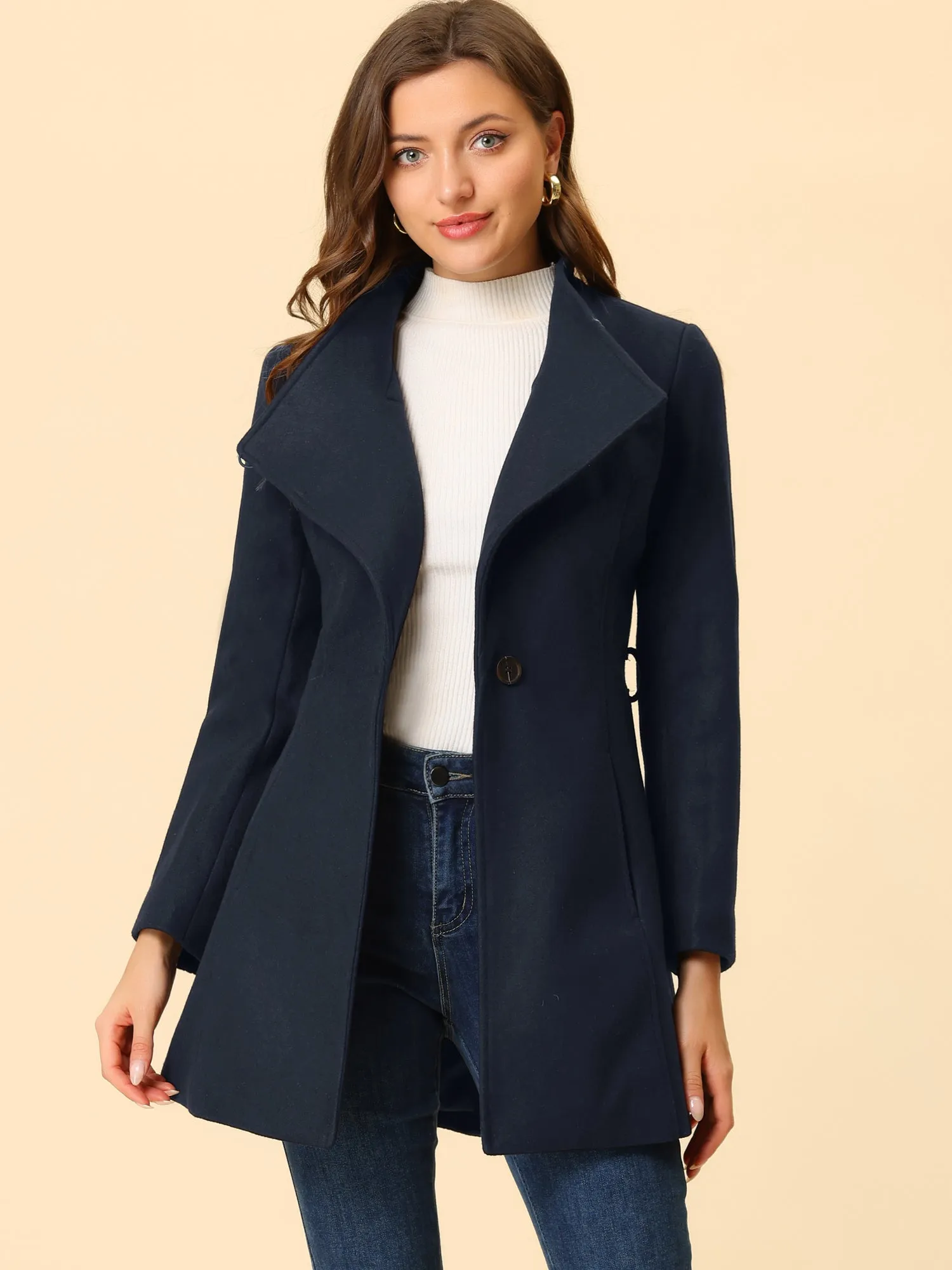 Classic Stand Collar Long Sleeve Winter Belted Coat