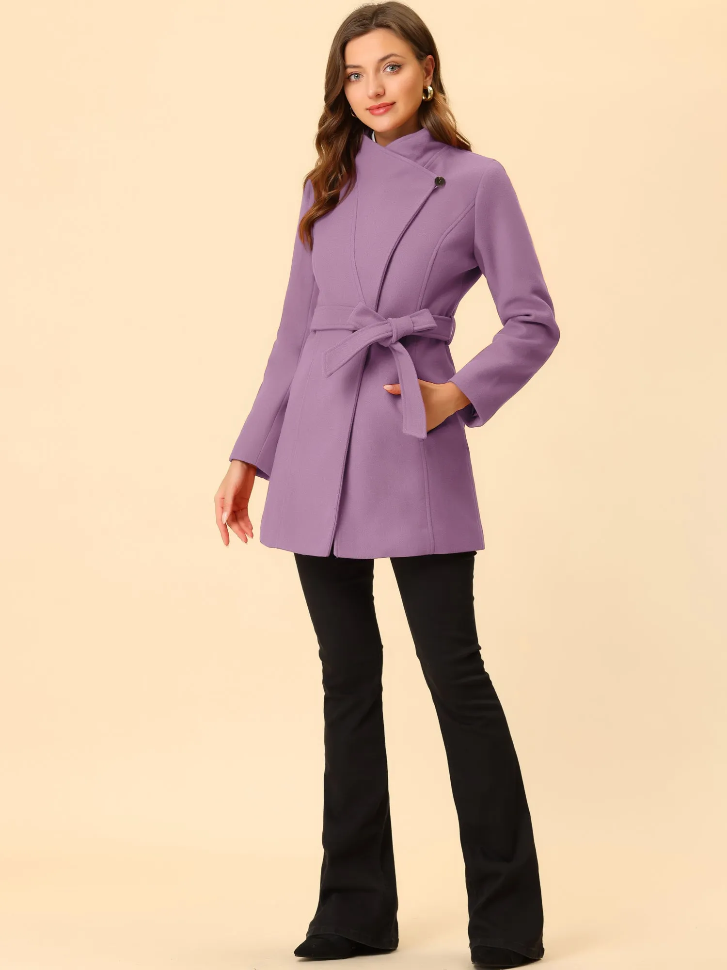 Classic Stand Collar Long Sleeve Winter Belted Coat