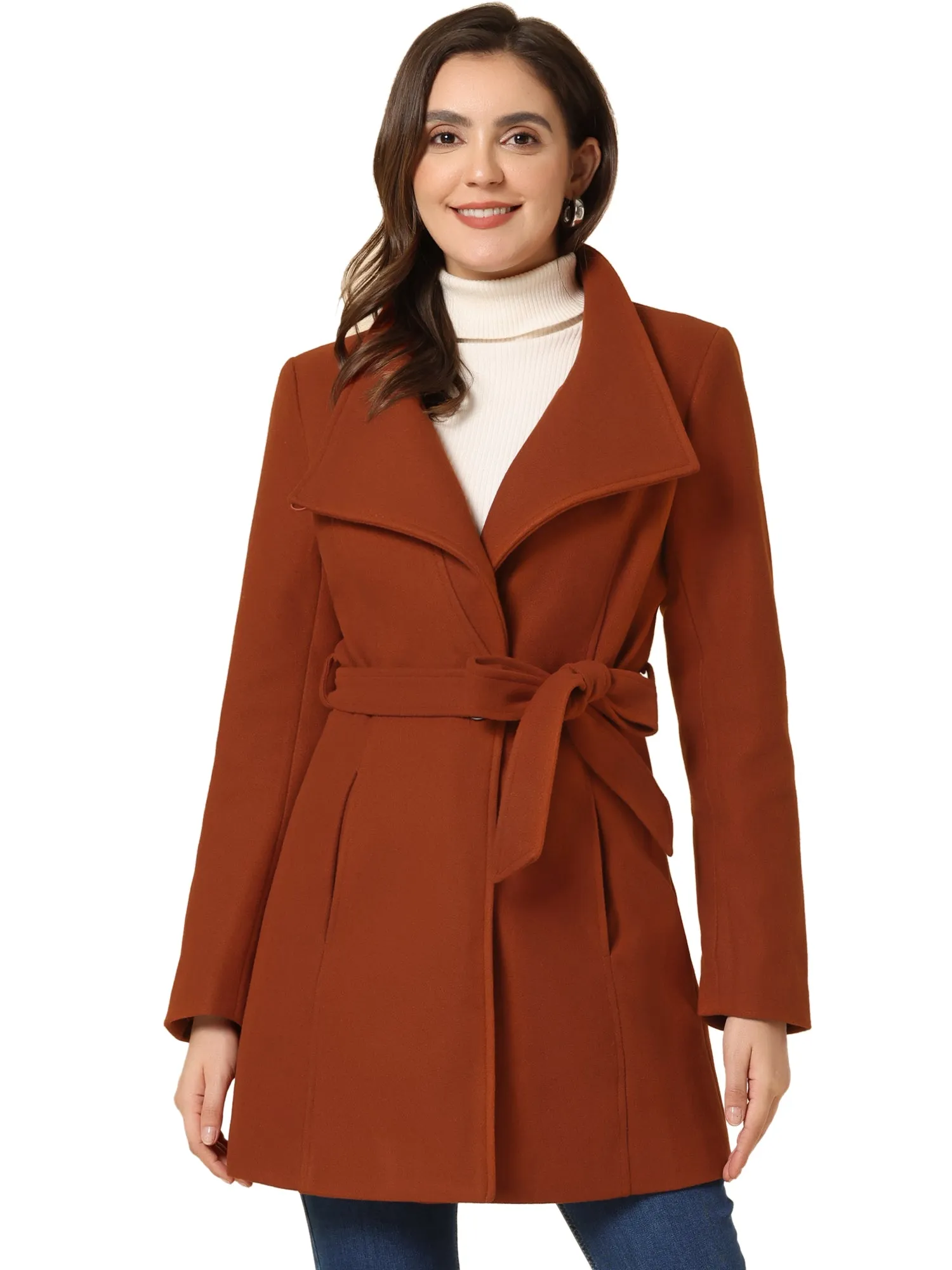 Classic Stand Collar Long Sleeve Winter Belted Coat