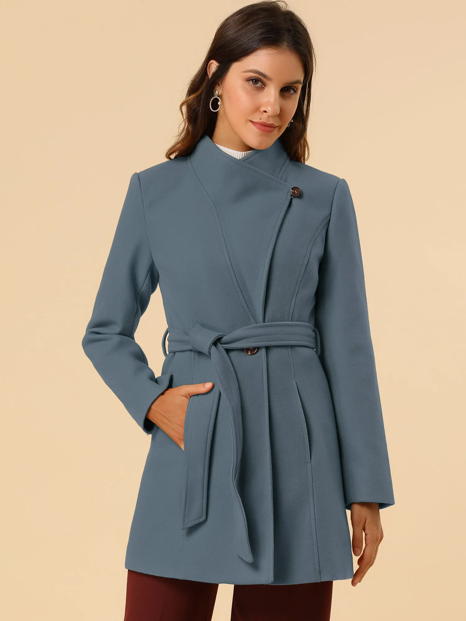 Classic Stand Collar Long Sleeve Winter Belted Coat