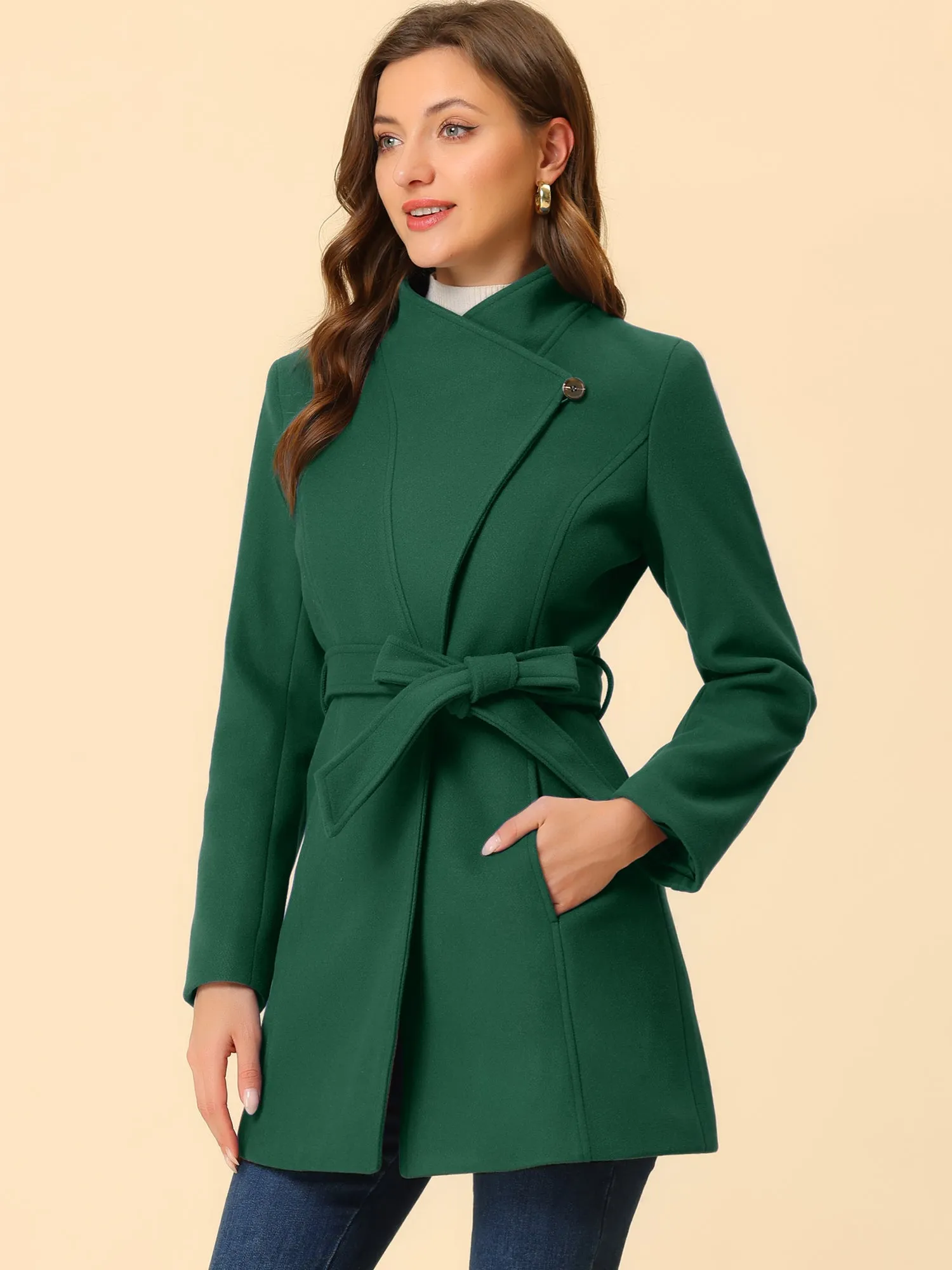 Classic Stand Collar Long Sleeve Winter Belted Coat