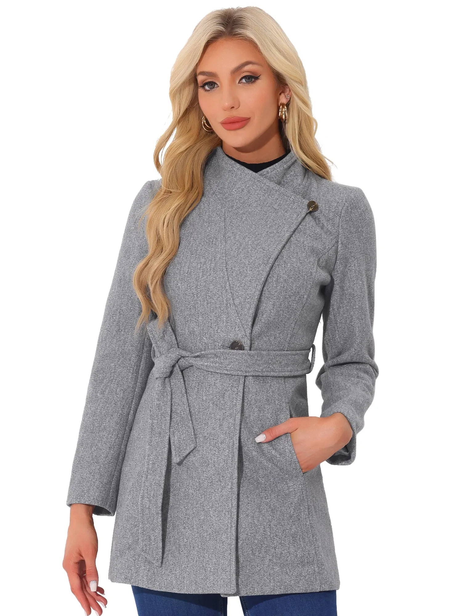 Classic Stand Collar Long Sleeve Winter Belted Coat