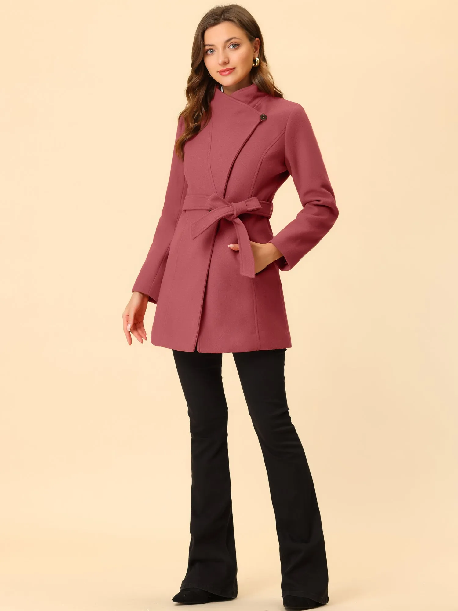 Classic Stand Collar Long Sleeve Winter Belted Coat