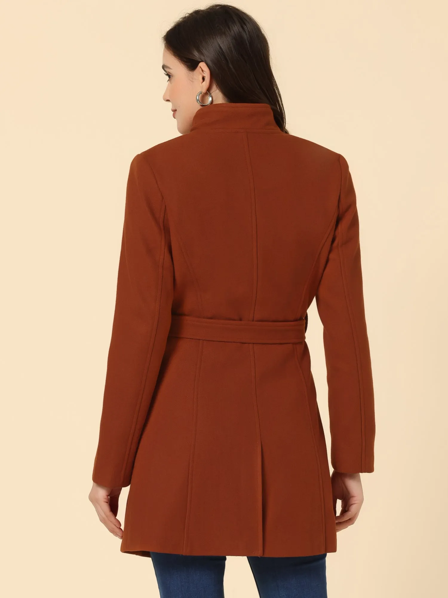 Classic Stand Collar Long Sleeve Winter Belted Coat