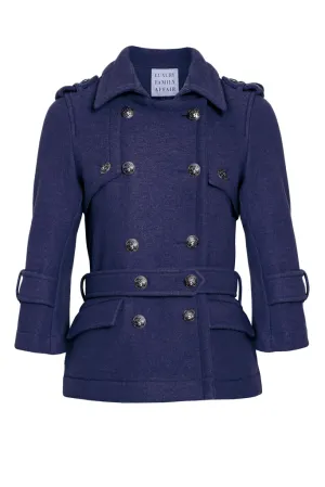 CLAUDIA dark Blue Boiled Wool Belted Military Jacket