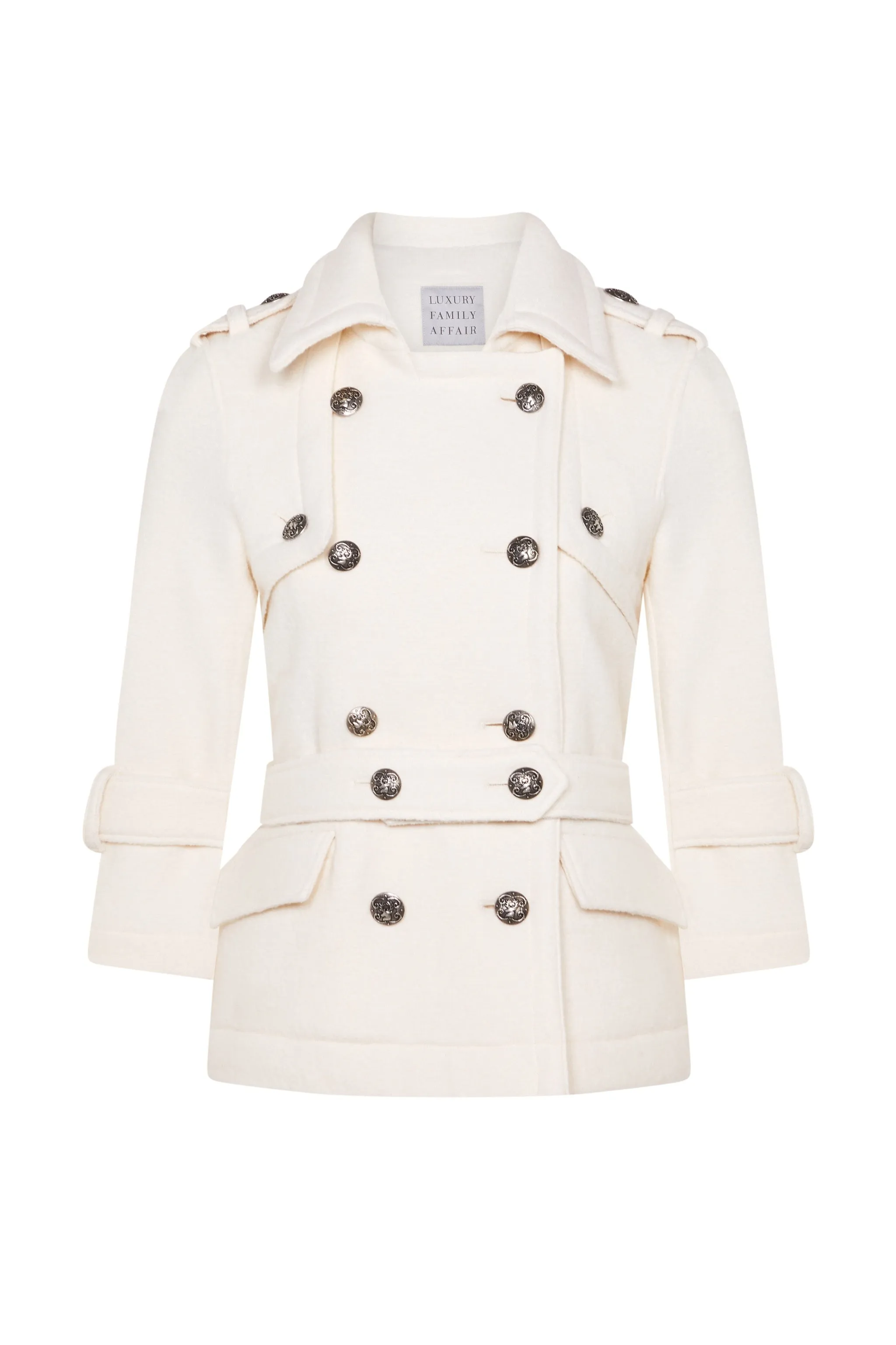 CLAUDIA Off White Boiled Wool Belted Military Jacket