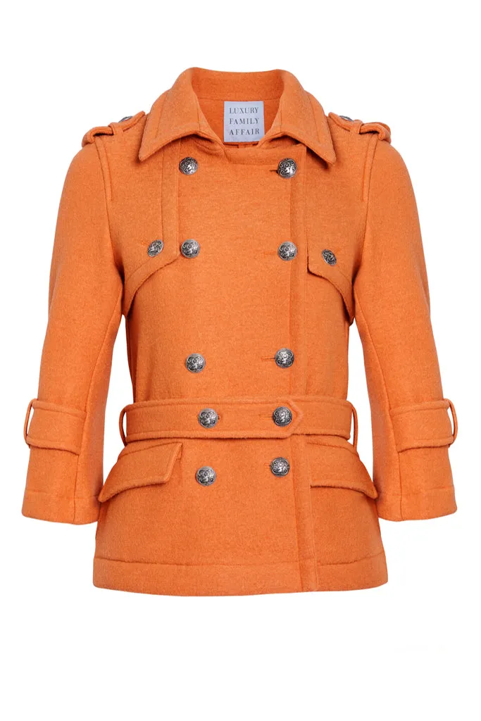 CLAUDIA Vitamin Orange Boiled Wool Belted Military Jacket