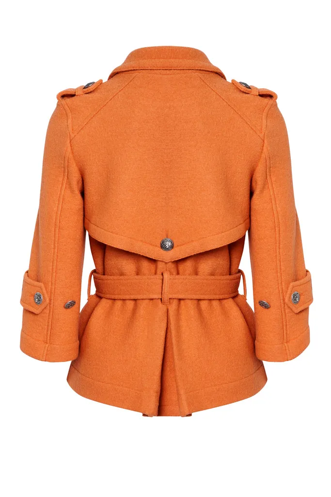 CLAUDIA Vitamin Orange Boiled Wool Belted Military Jacket