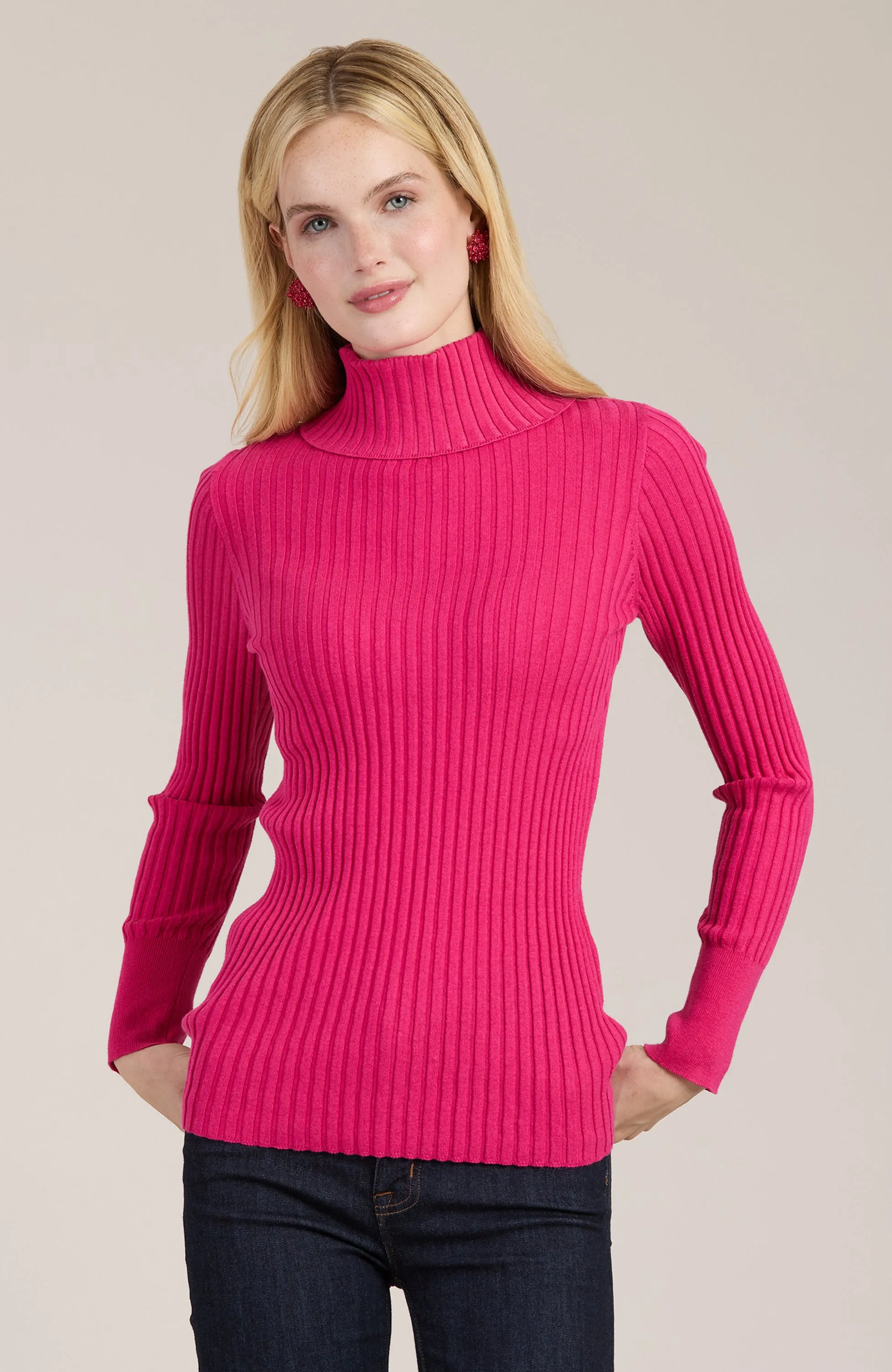 Cotton Cashmere Ribbed Turtleneck - Coco Pink