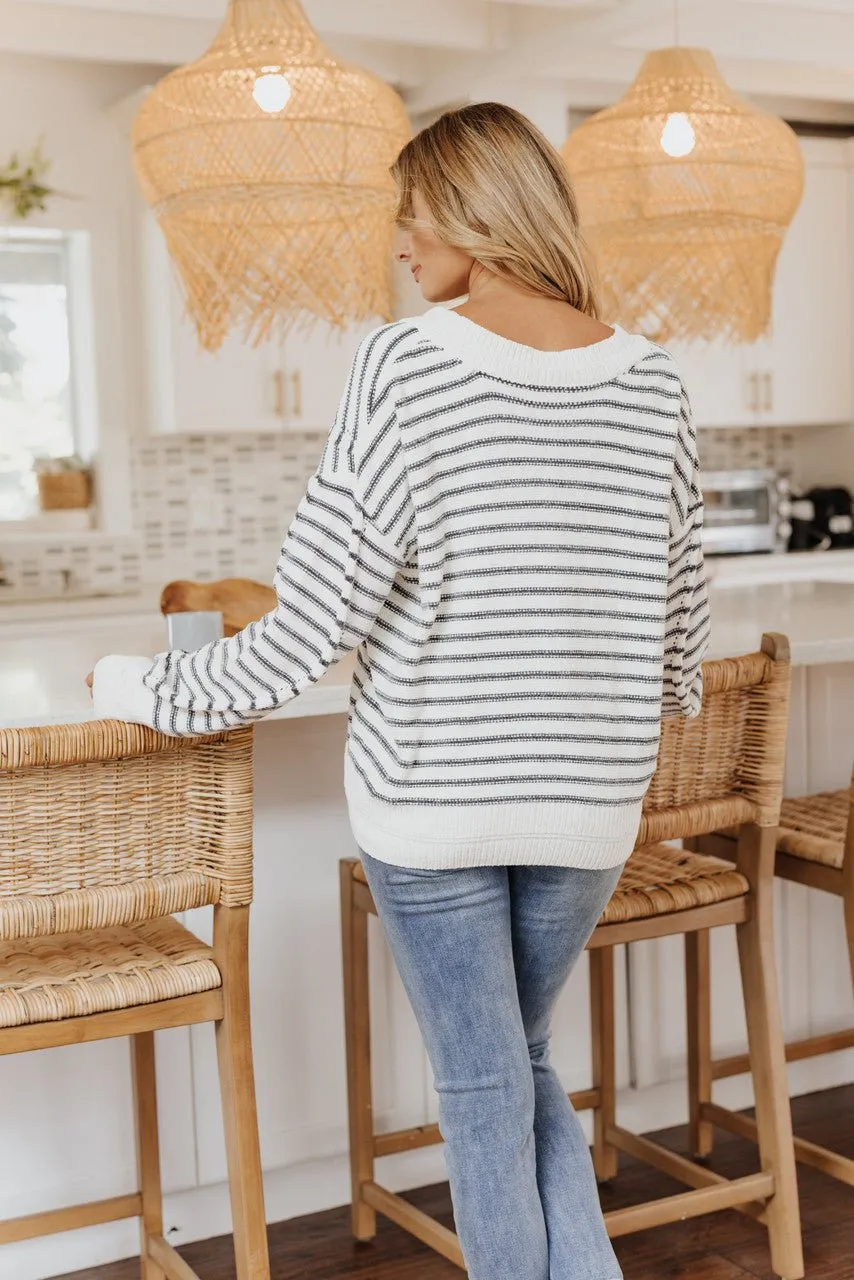 Coziest Cream Striped V-Neck Sweater