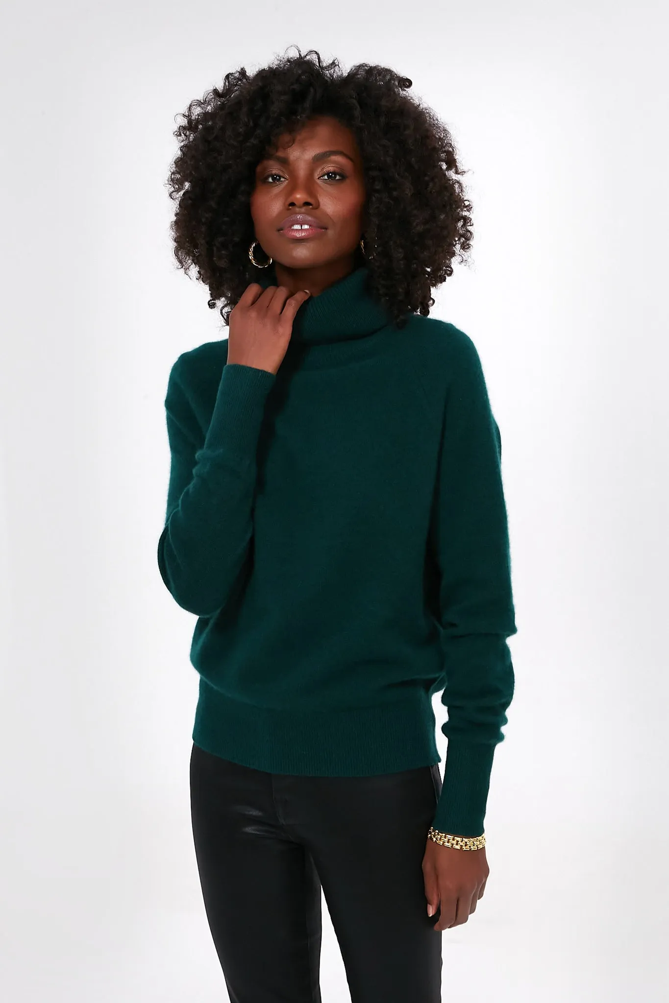 Cyprus Green Cashmere Ribbed Trim Turtleneck