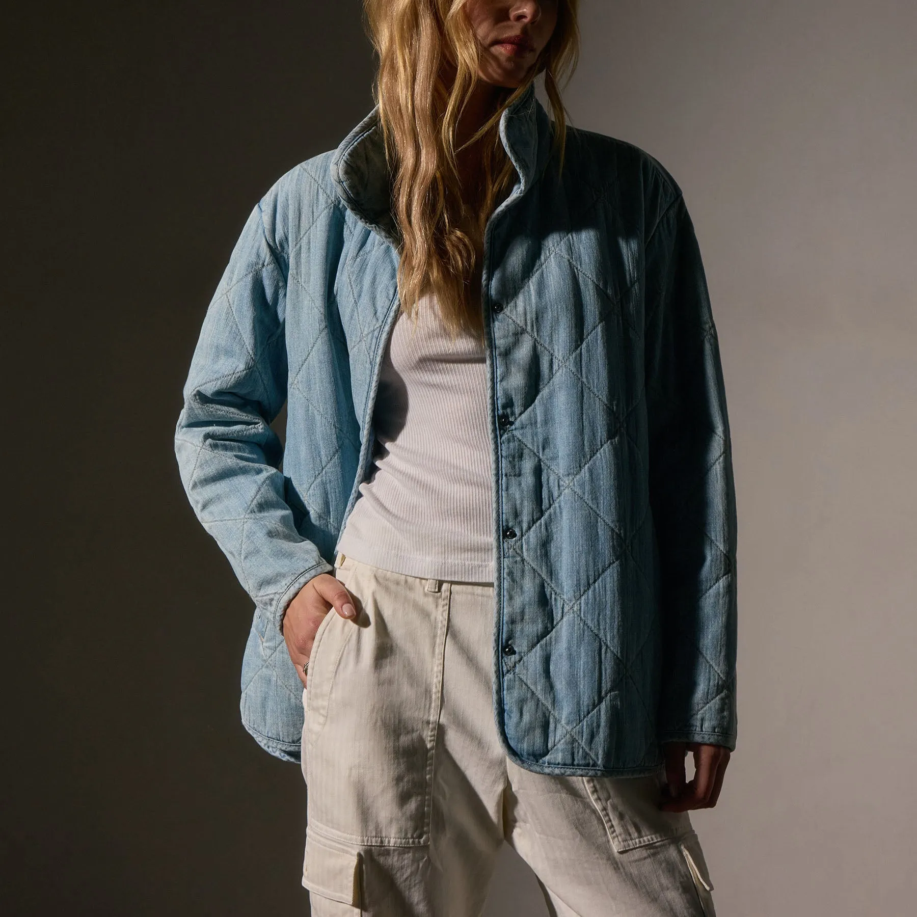 Diamond Quilted Denim Jacket - Bleach Wash