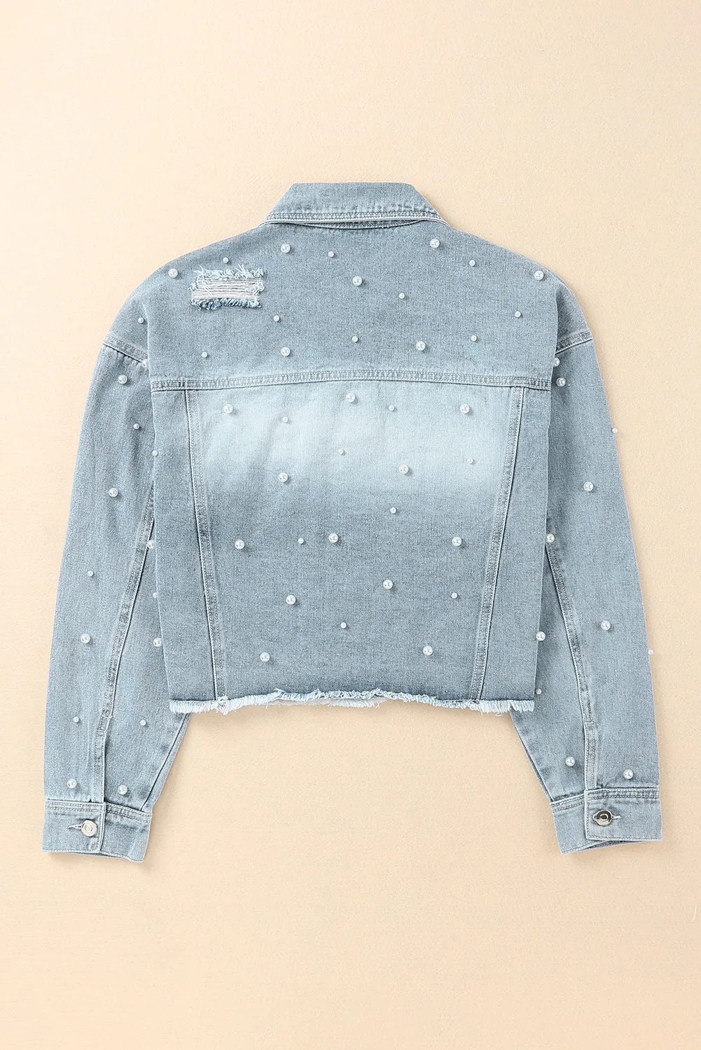 Distressed Pearl Trim Button Up Denim Jacket