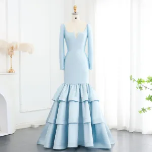 Elegant Blue Satin Long Sleeves Mermaid Evening Dress SF015