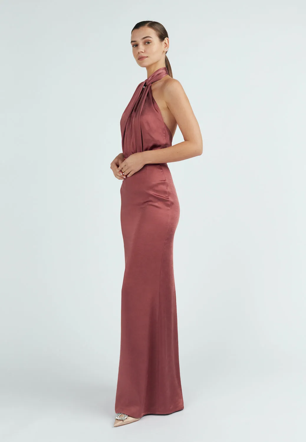 ELONA fire brick satin maxi evening gown