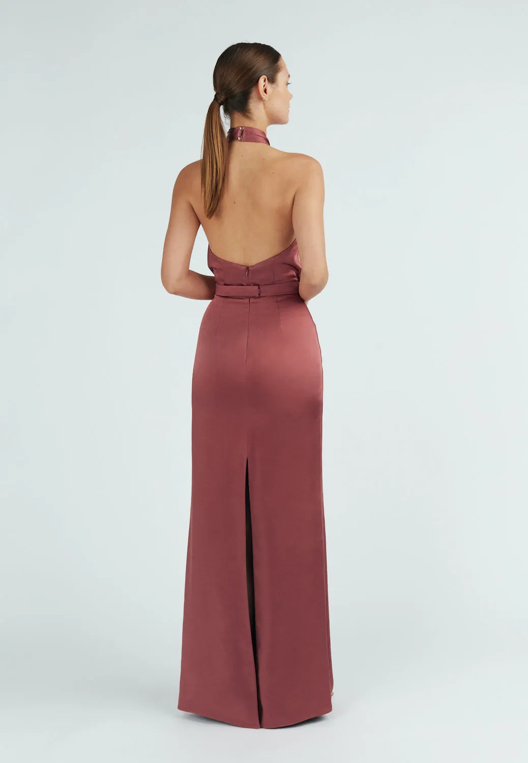 ELONA fire brick satin maxi evening gown