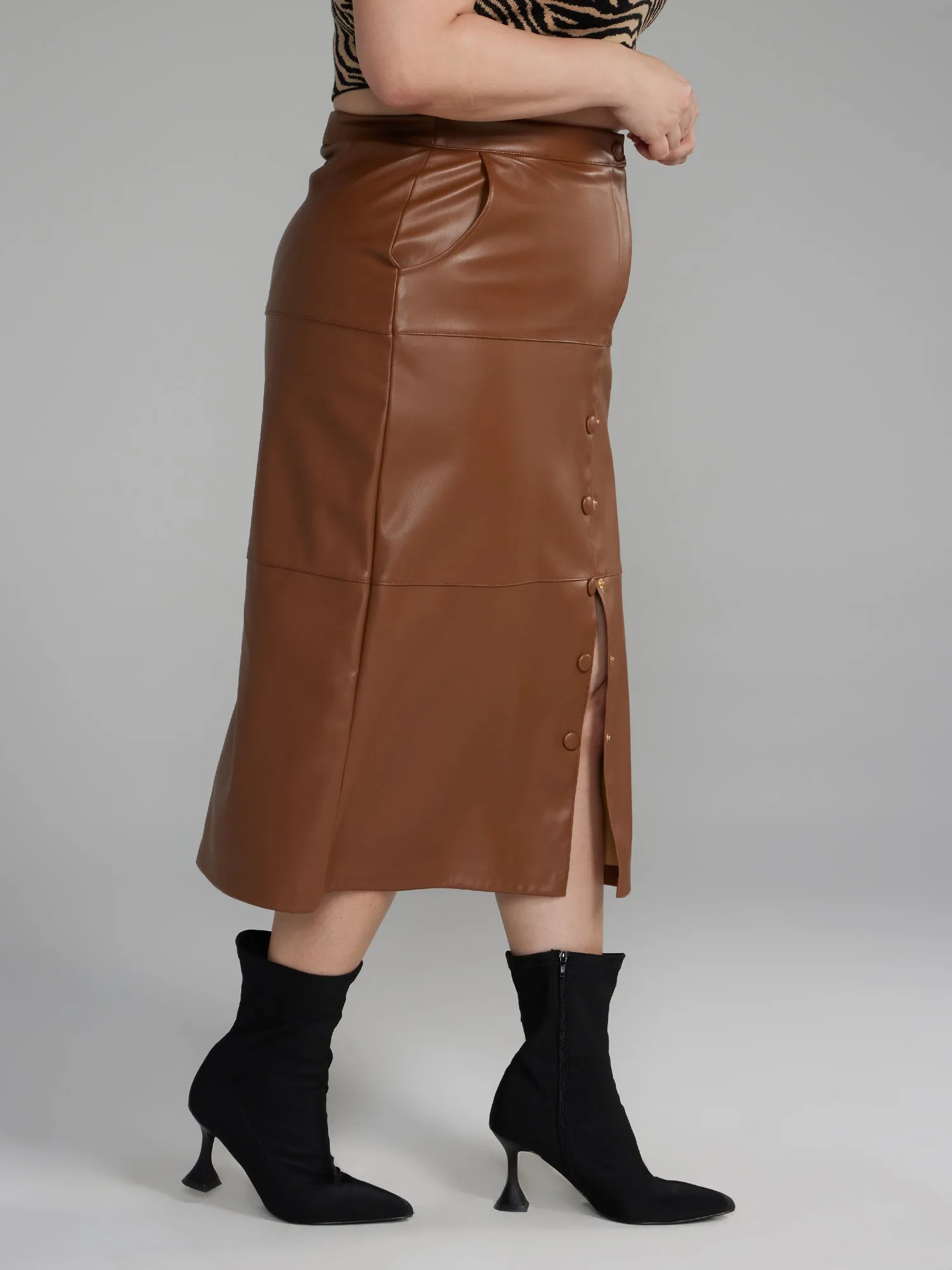 Fashion To Figure - Faux Leather Front Slit Midi Skirt