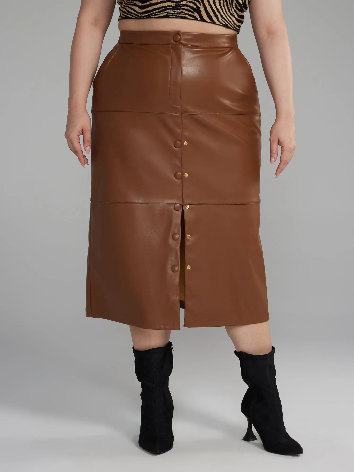 Fashion To Figure - Faux Leather Front Slit Midi Skirt