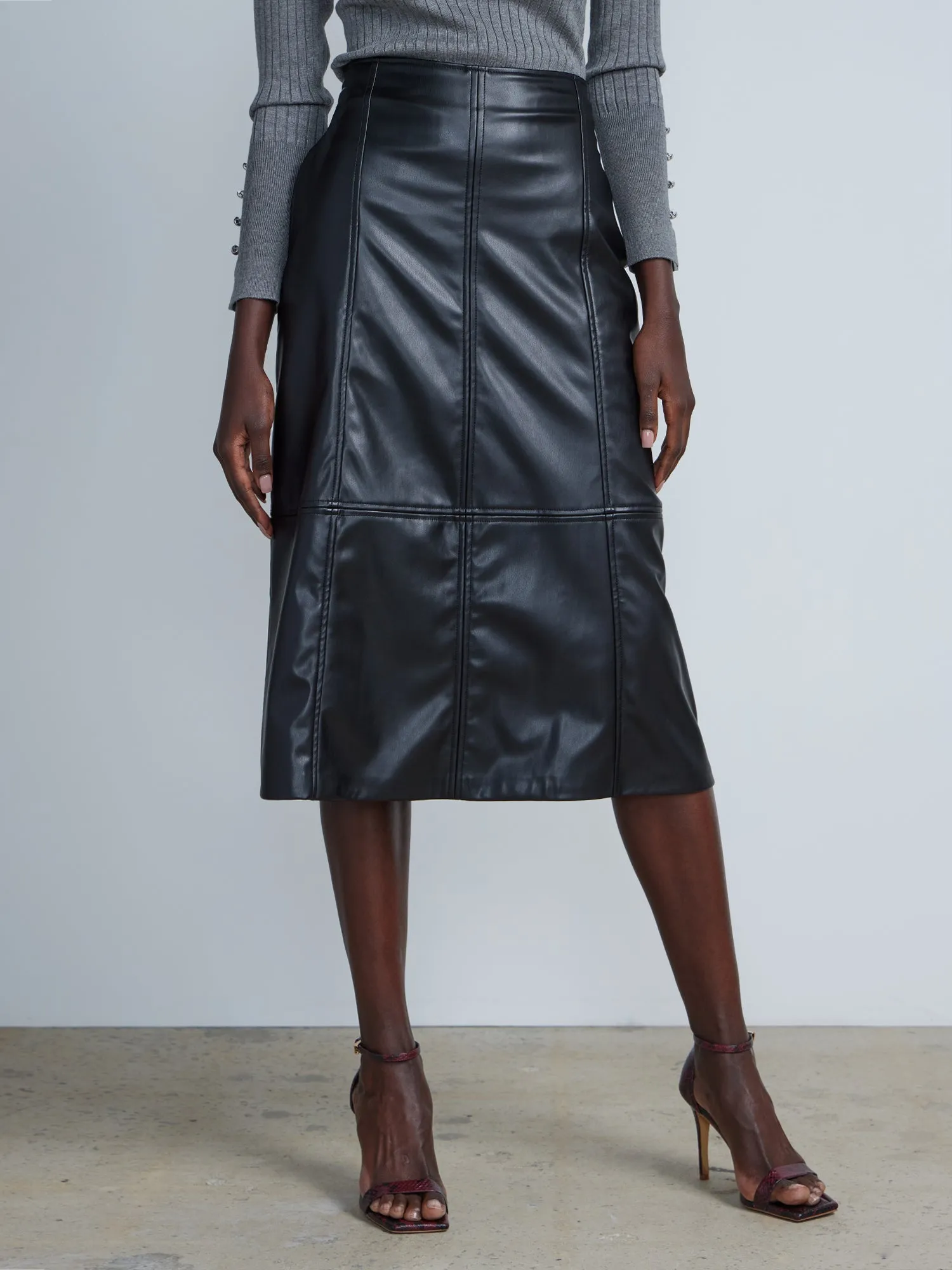 Faux Leather Banded High Rise Midi Skirt