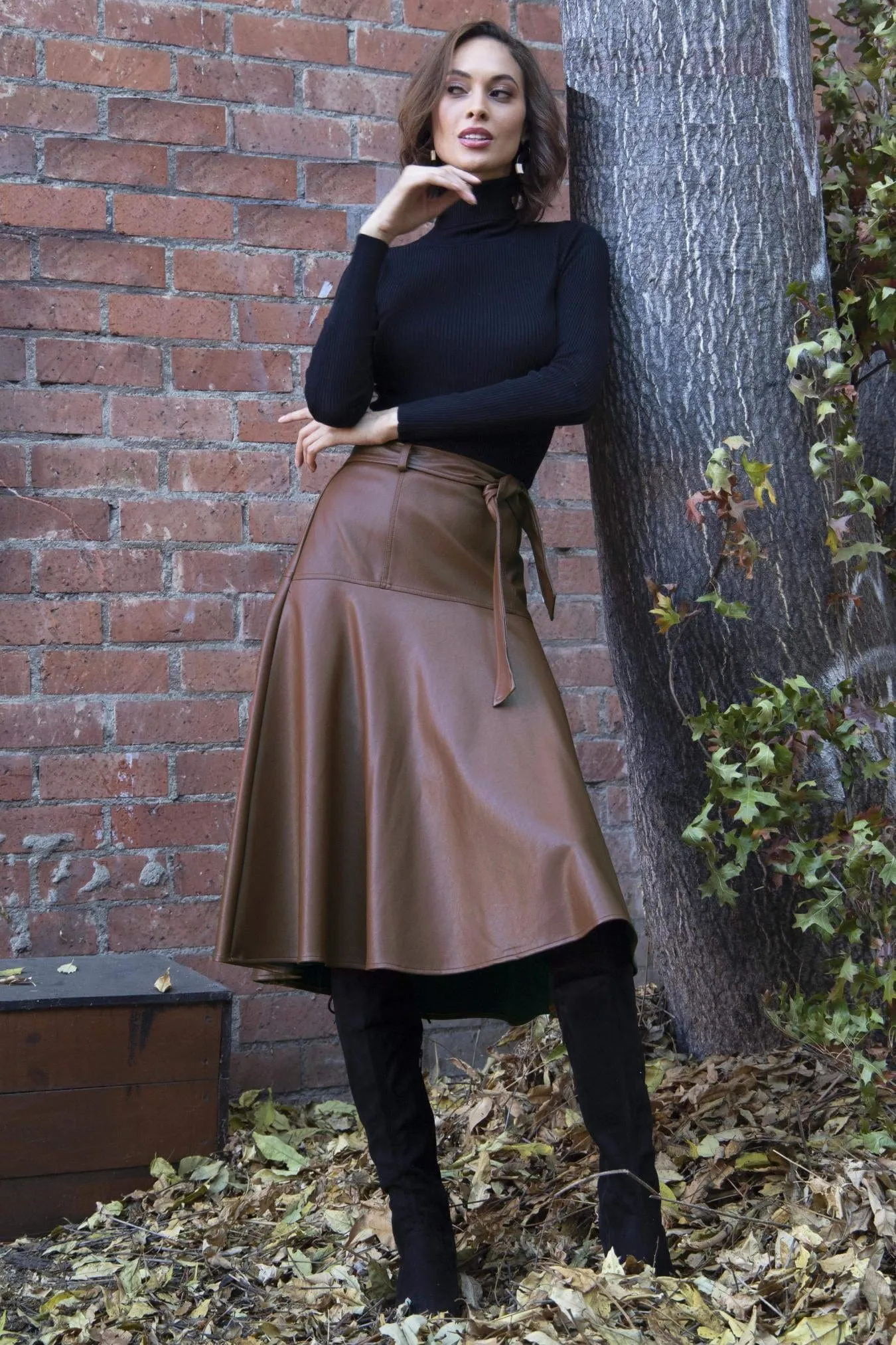 Faux Leather Belted Midi Allas Skirt