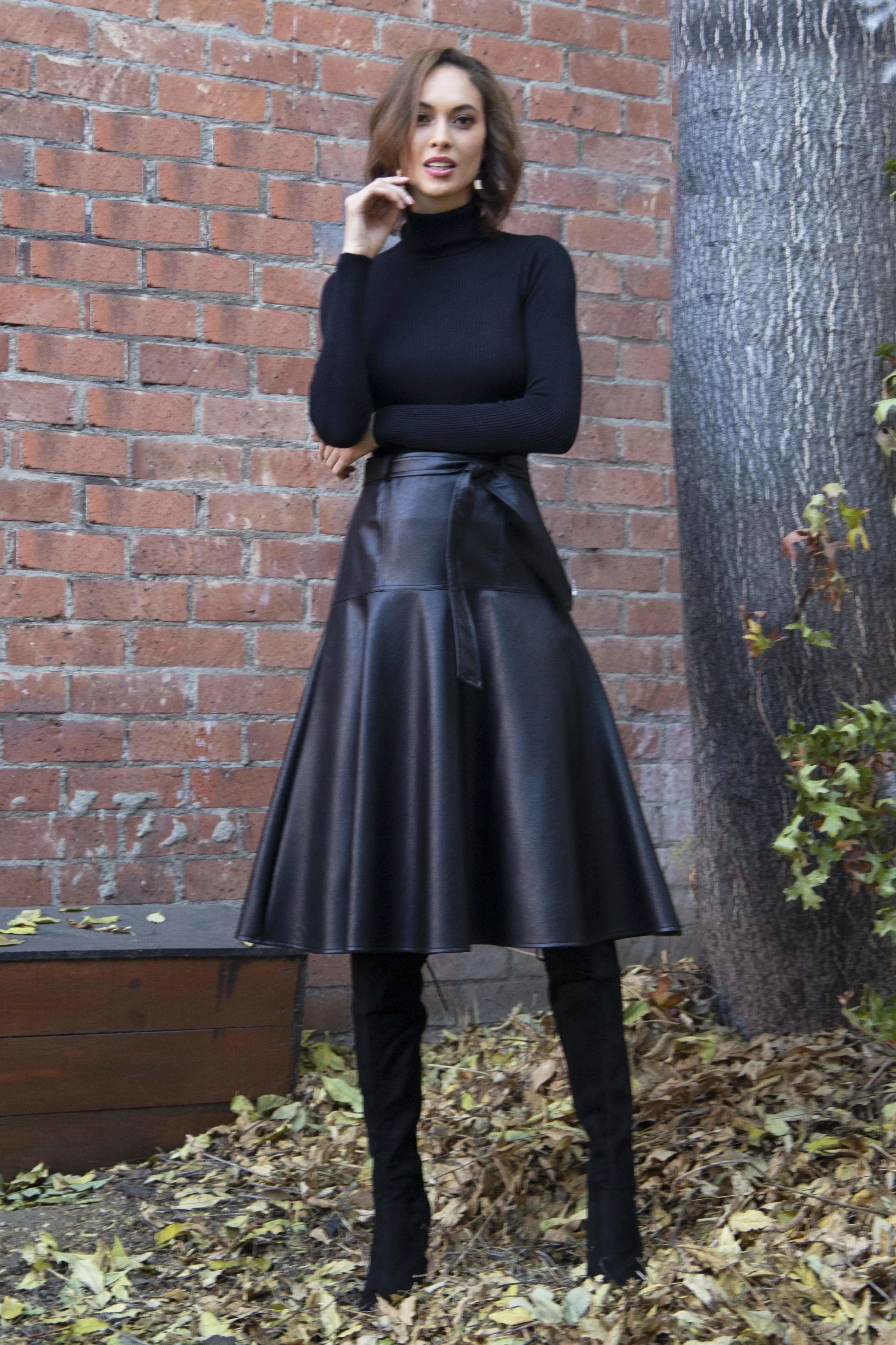 Faux Leather Belted Midi Allas Skirt