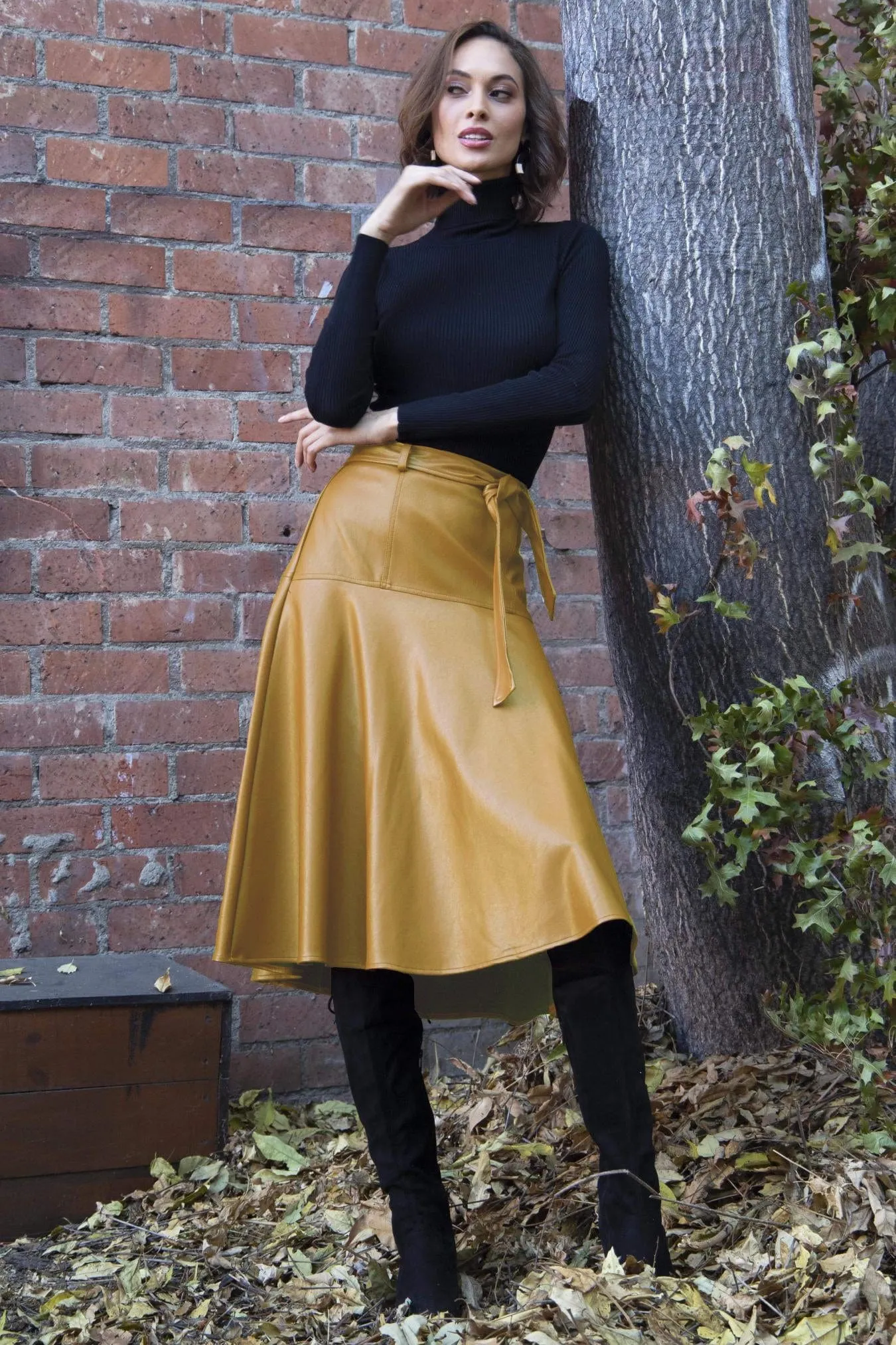 Faux Leather Belted Midi Allas Skirt