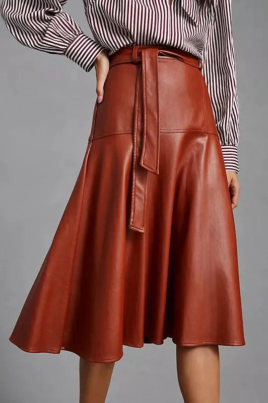 Faux Leather Belted Midi Allas Skirt