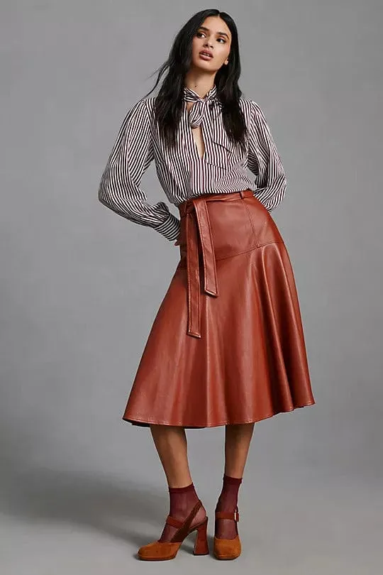 Faux Leather Belted Midi Allas Skirt