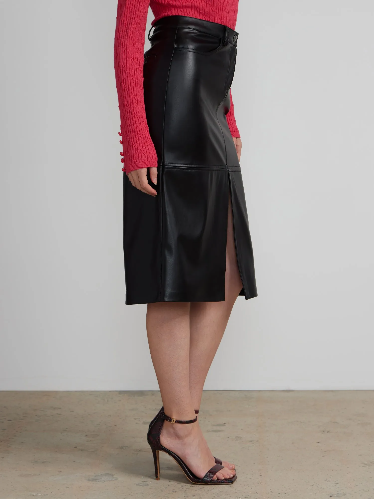 Faux Leather Front Slit Midi Skirt