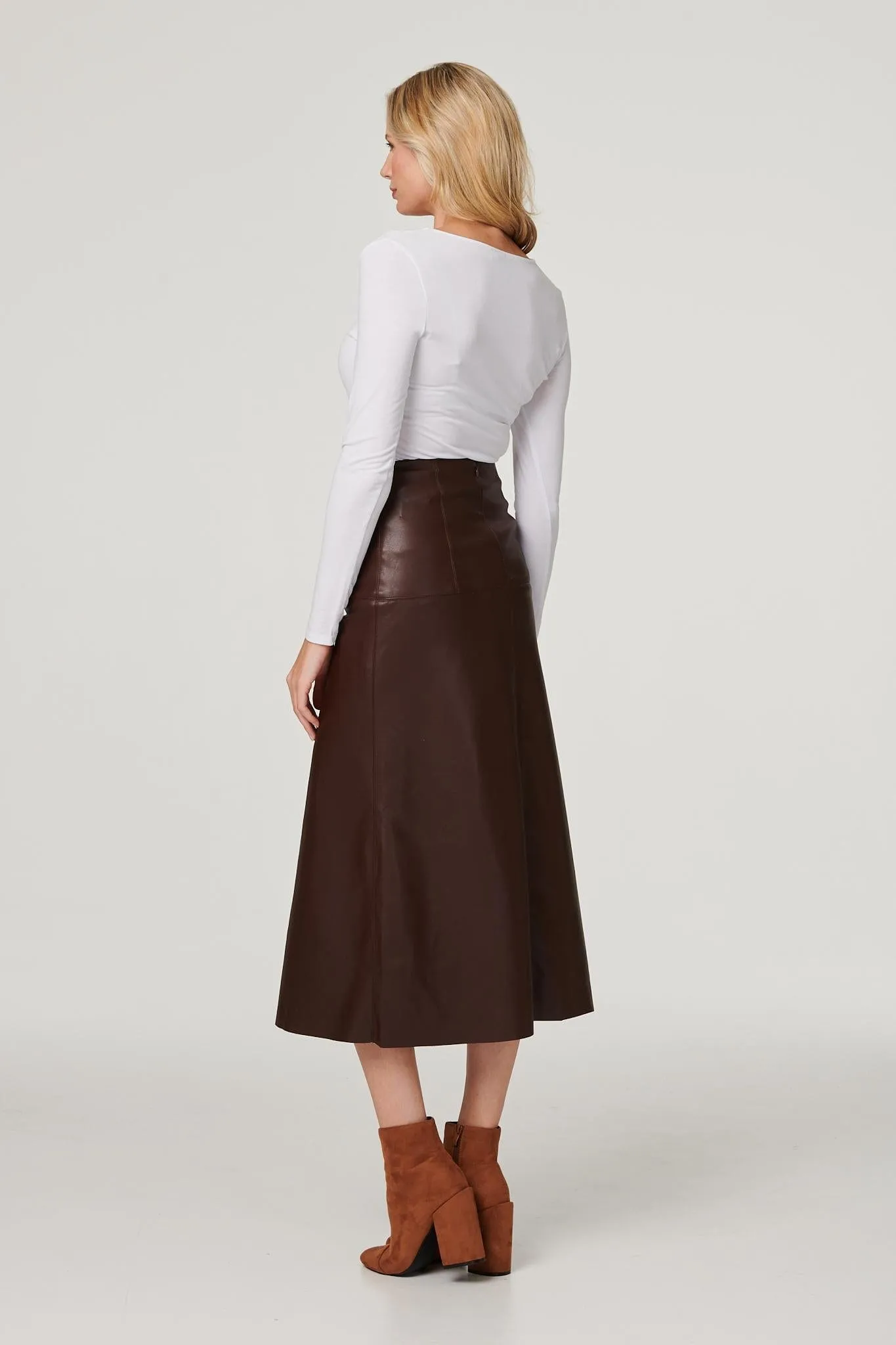 Faux Leather High Waist Midi Skirt