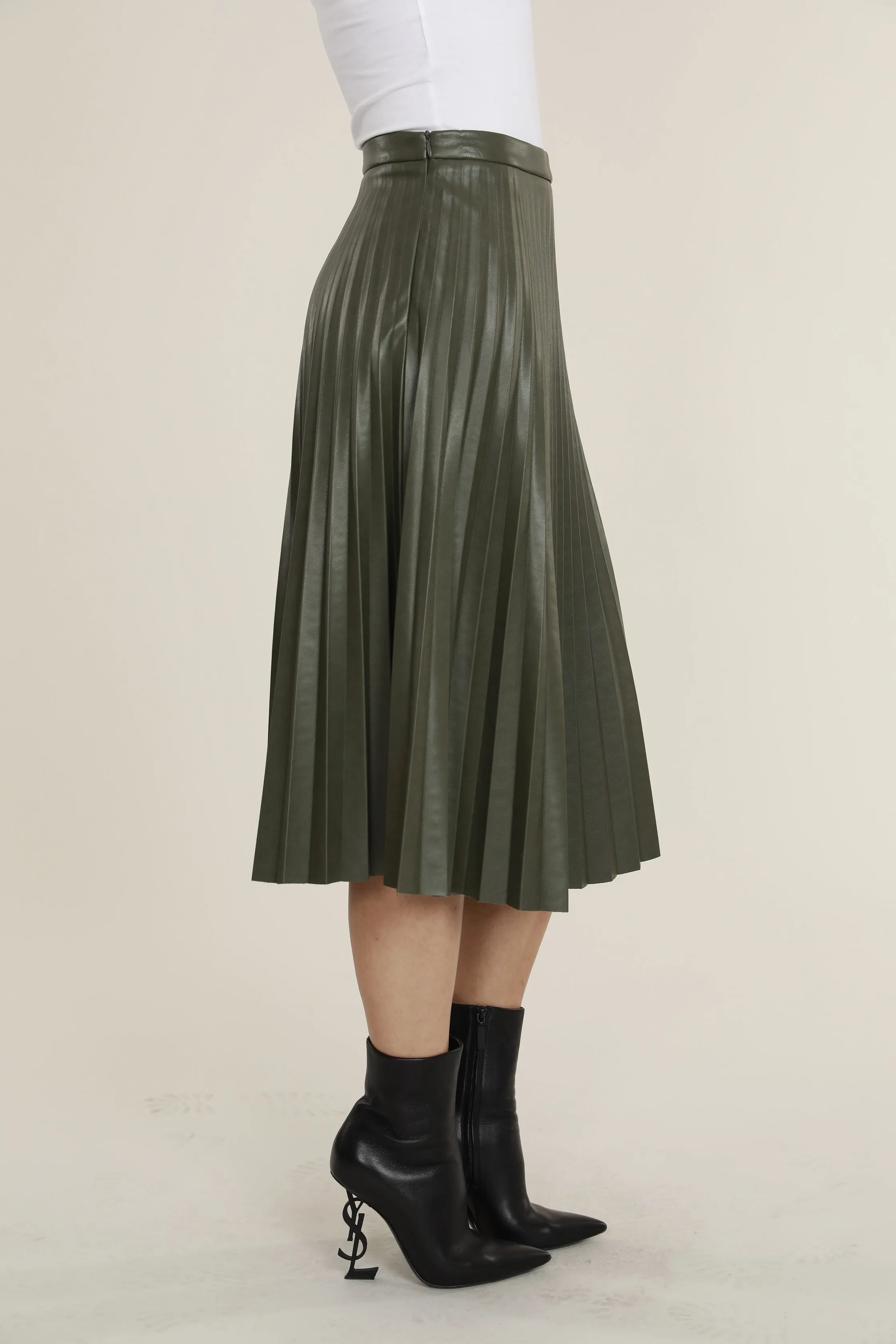 Faux Leather Pleated Midi Skirt