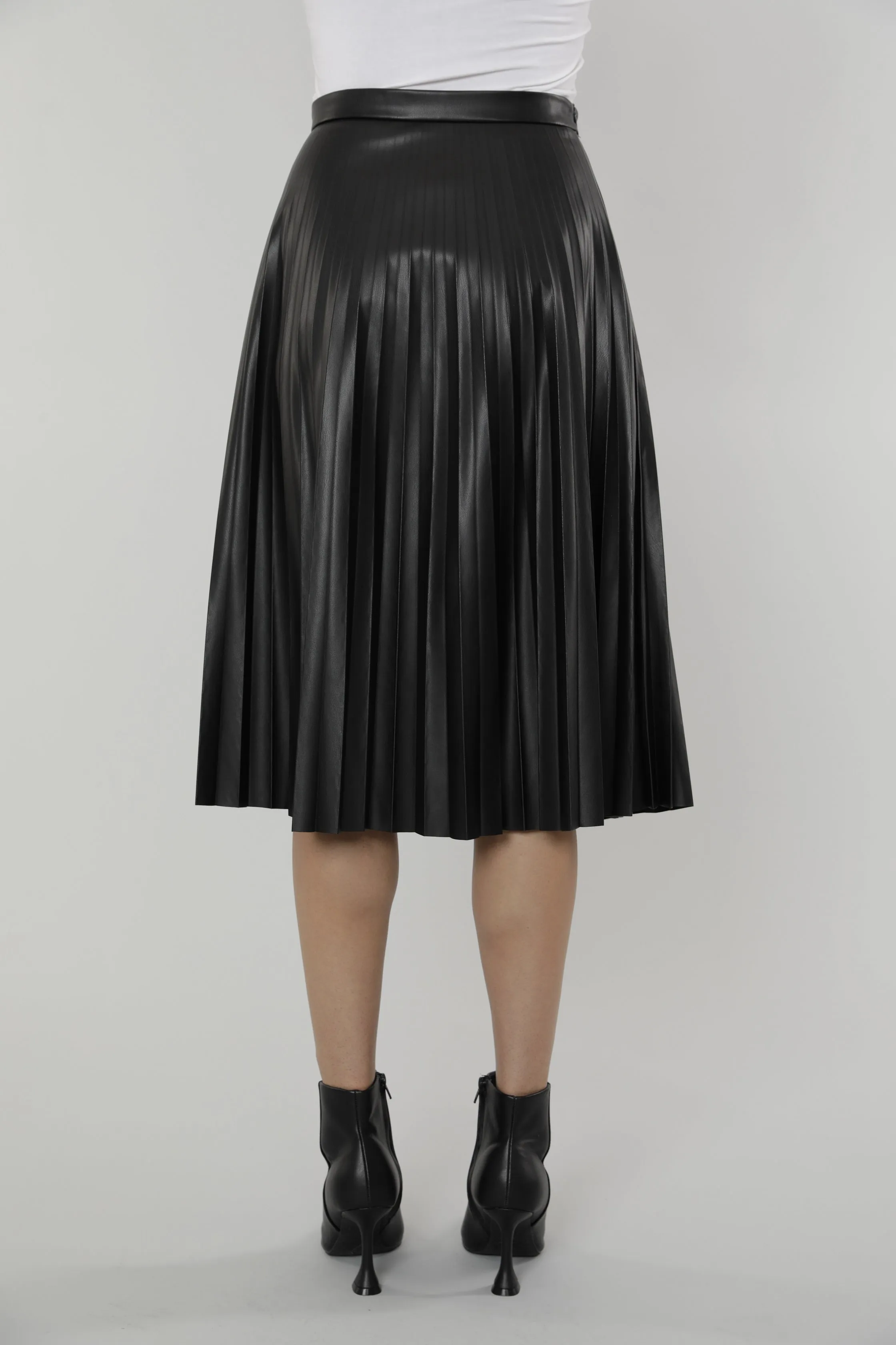 Faux Leather Pleated Midi Skirt