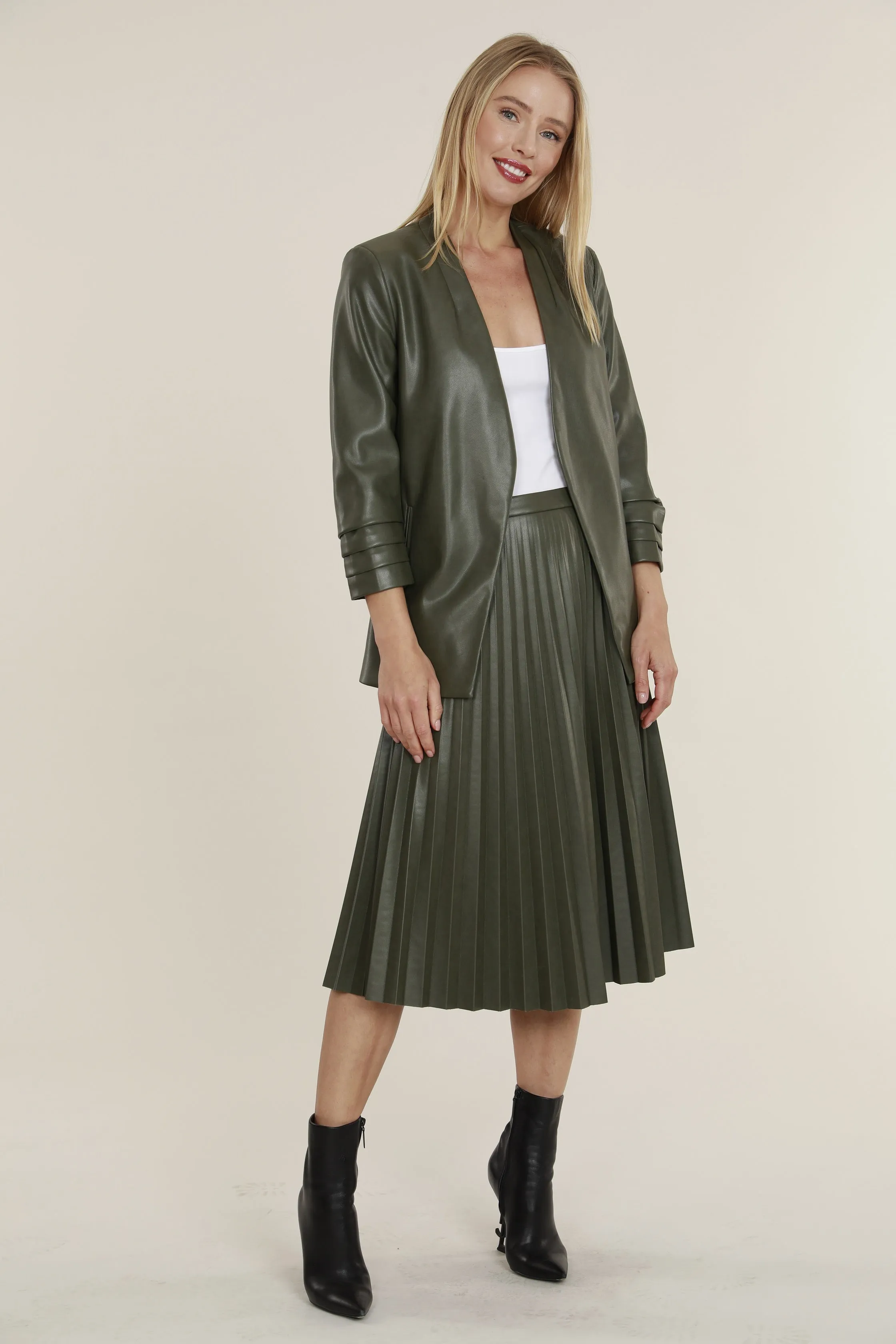 Faux Leather Pleated Midi Skirt