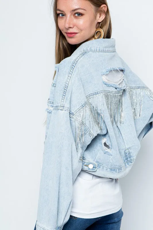 Faye Rhinestone Fringe Distressed Denim Jacket