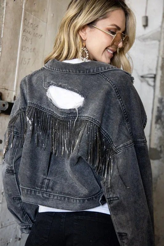 Faye Rhinestone Fringe Distressed Denim Jacket