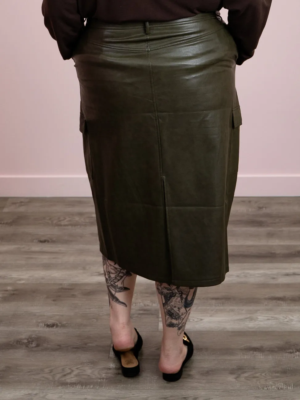 *FINAL SALE* DEX | Kindly Faux Leather Cargo Maxi Skirt | Dark Khaki Green