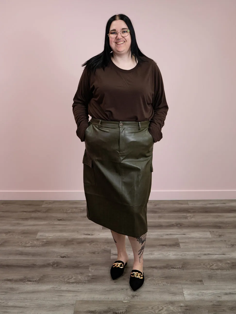 *FINAL SALE* DEX | Kindly Faux Leather Cargo Maxi Skirt | Dark Khaki Green