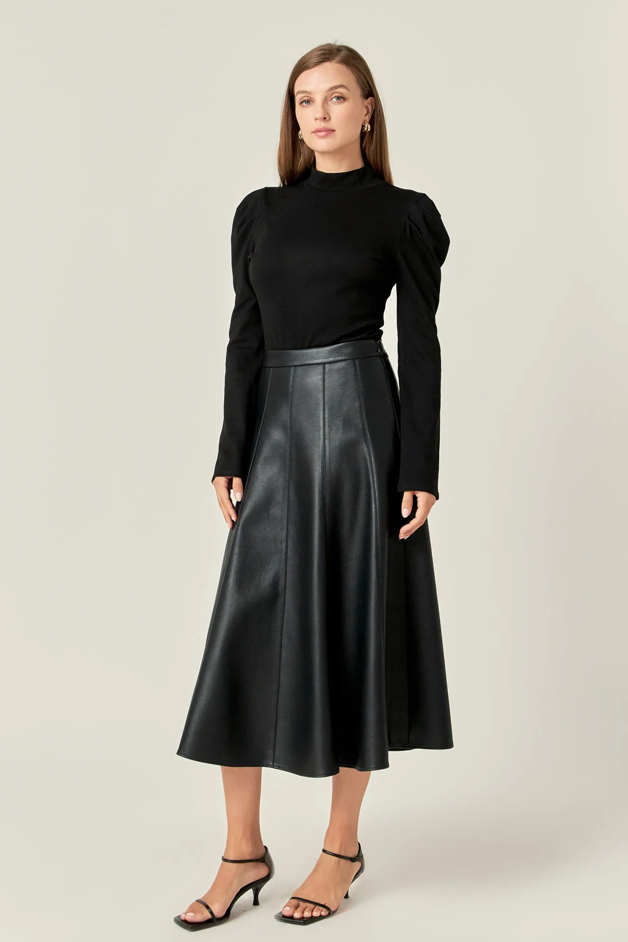 Flare Faux Leather Midi Skirt