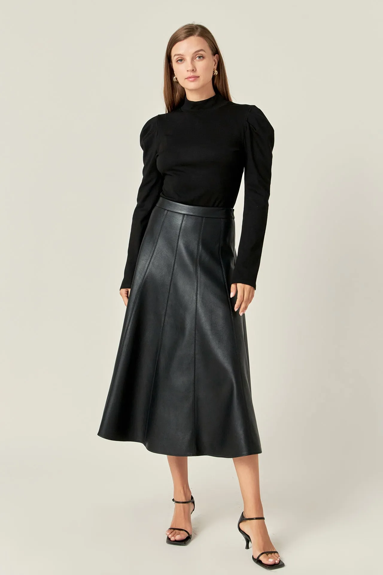 Flare Faux Leather Midi Skirt