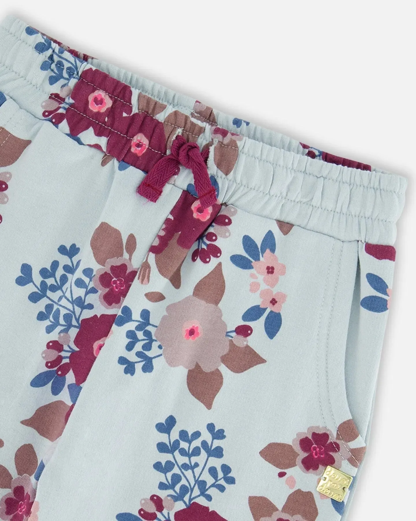 Fleece Sweatpants Light Blue Printed Big Flowers