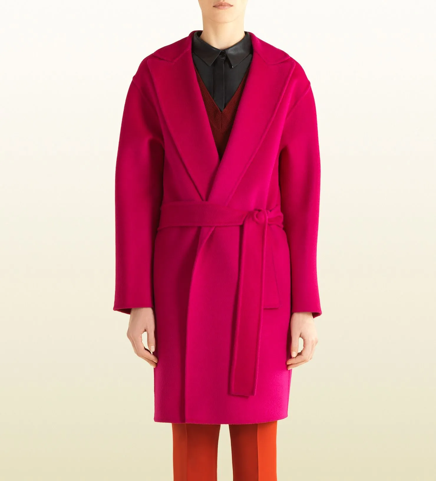 Fuchsia Wool Wrap Belted Gown Trench Coat