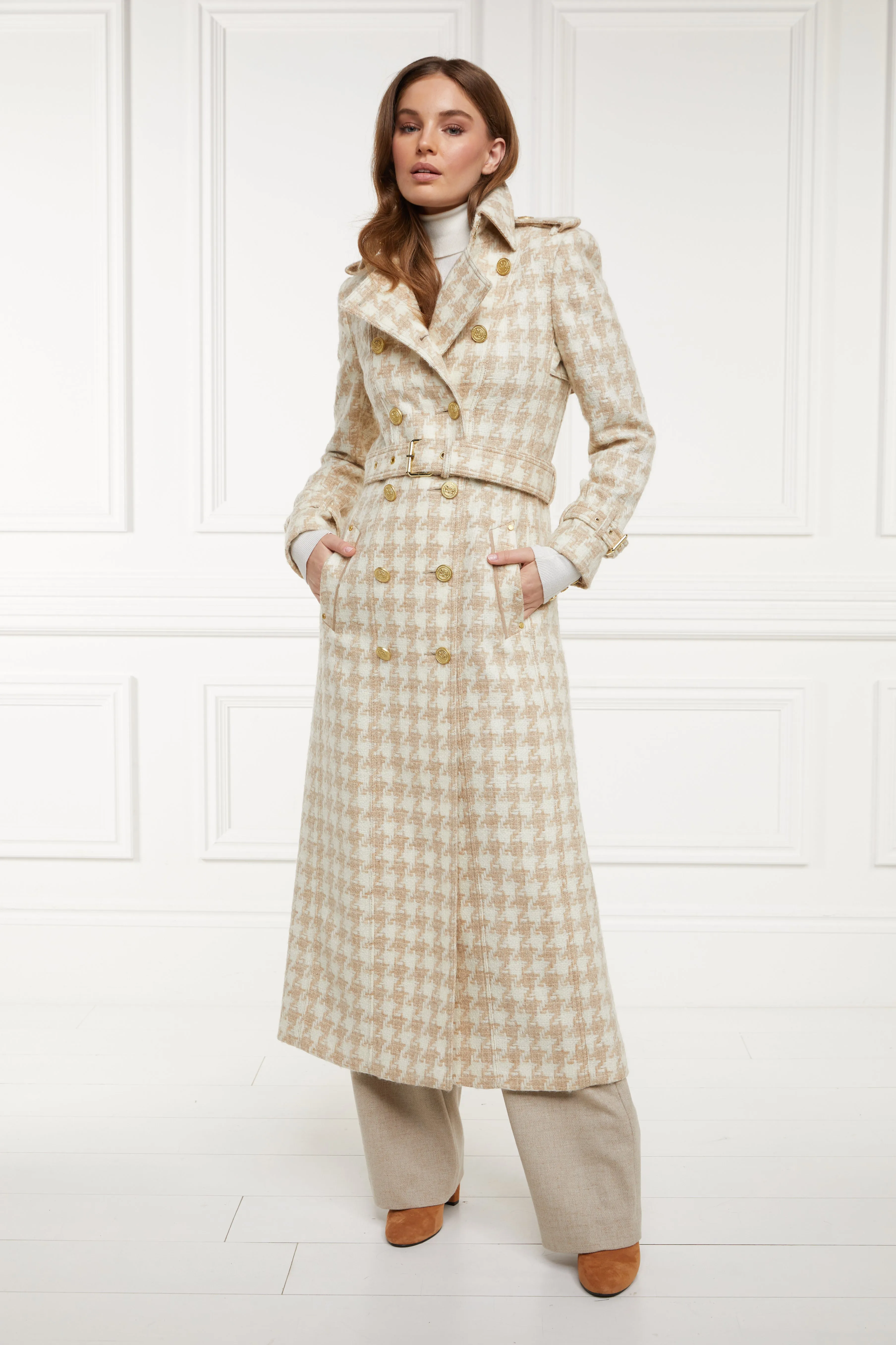 Full Length Marlborough Trench Coat (Camel Houndstooth)