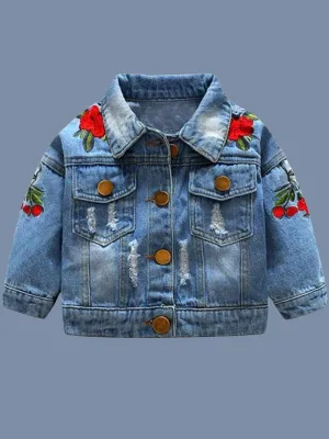 Girls Distressed Denim Jacket with Rose Embroidery