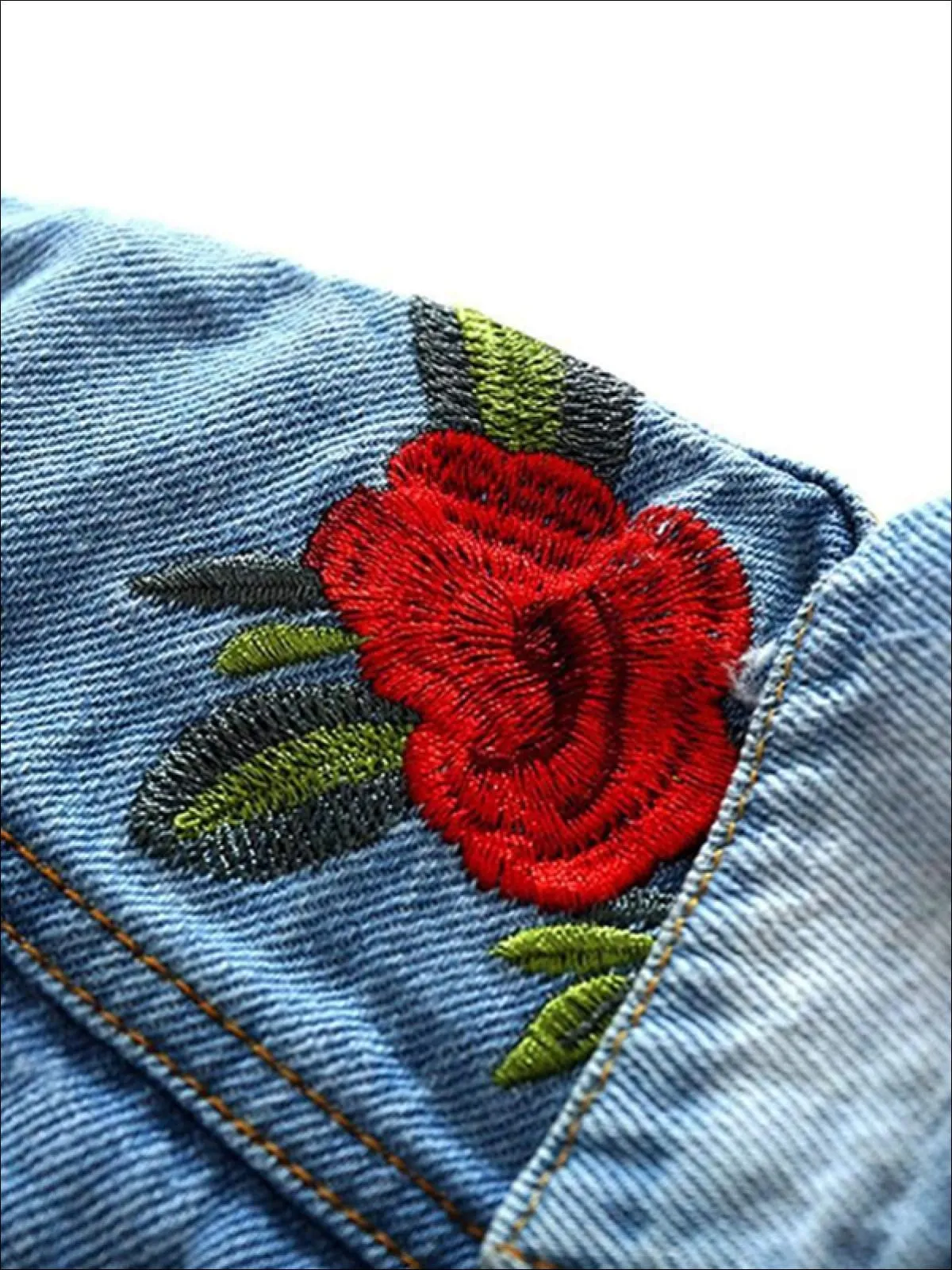 Girls Distressed Denim Jacket with Rose Embroidery