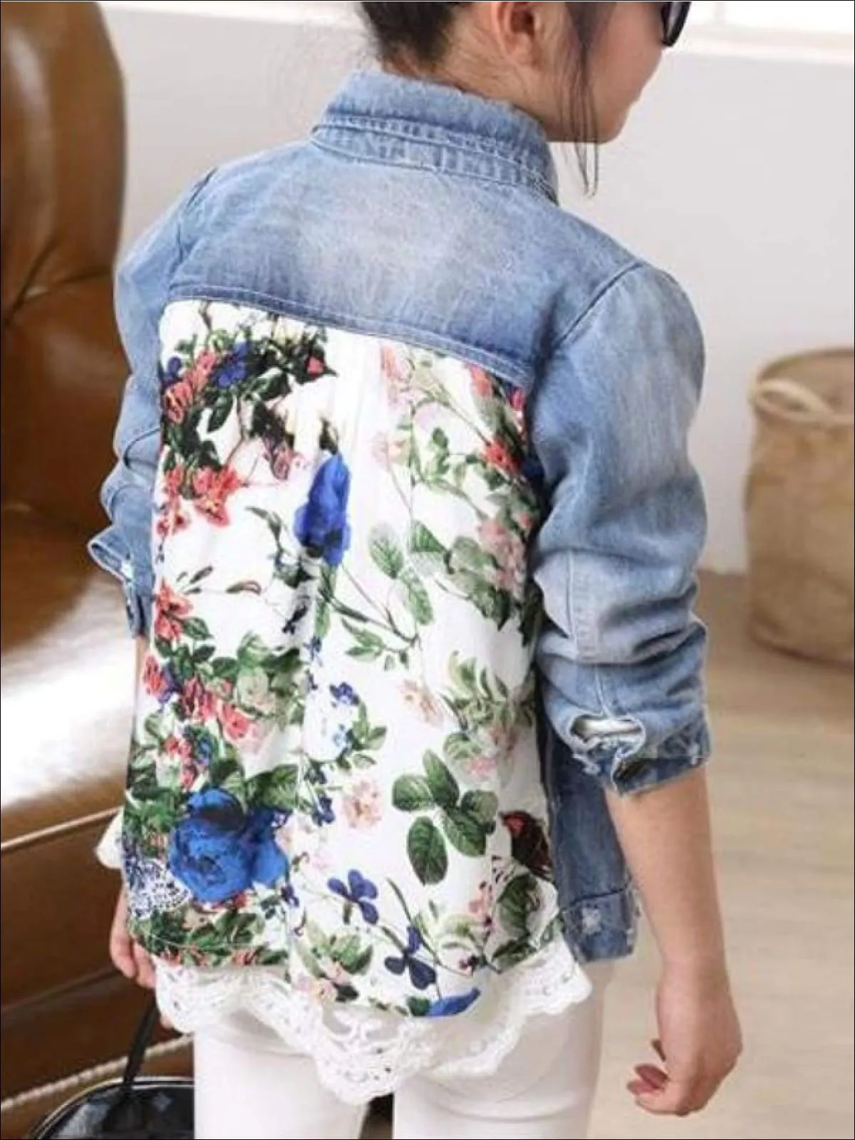 Girls Vintage Floral Print Distressed Denim Jacket