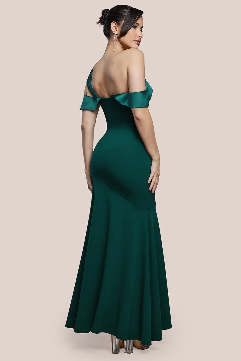 Goddiva One Shoulder Satin Band Maxi Dress - Emerald Green