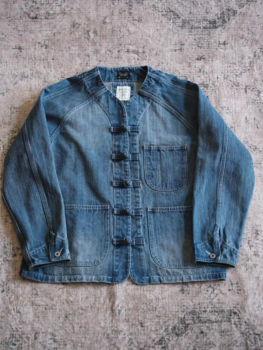 Handcrafted Distressed 15oz Denim Jacket - Worker Style with Knot Button