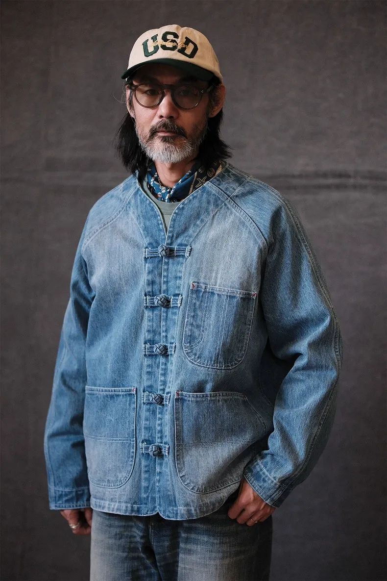 Handcrafted Distressed 15oz Denim Jacket - Worker Style with Knot Button