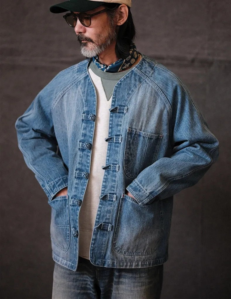 Handcrafted Distressed 15oz Denim Jacket - Worker Style with Knot Button