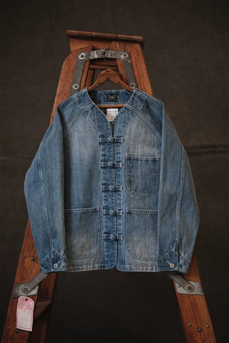 Handcrafted Distressed 15oz Denim Jacket - Worker Style with Knot Button